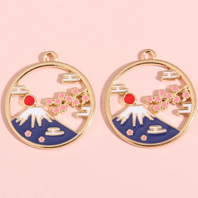 5pcs Gold Color Cartoon Japan Fuji Mountain Sakura Charms Enamel Pendant For DIY Handmade Necklaces Bracelet Jewelry Accessories