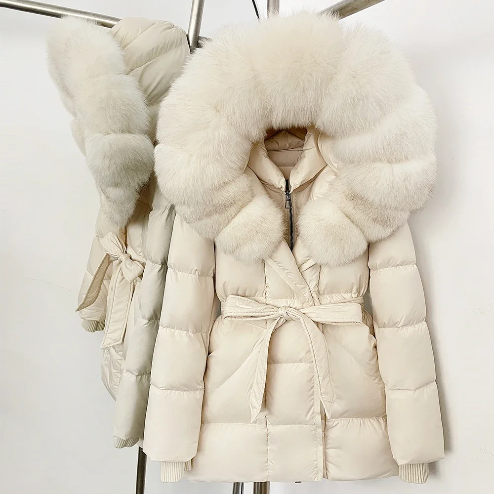OFTBUY New Winter Real Fur Outerwear Women's Down Jacket with Real Fox Fur Belted Waist Mid-Length White Duck Down Puffer Coat