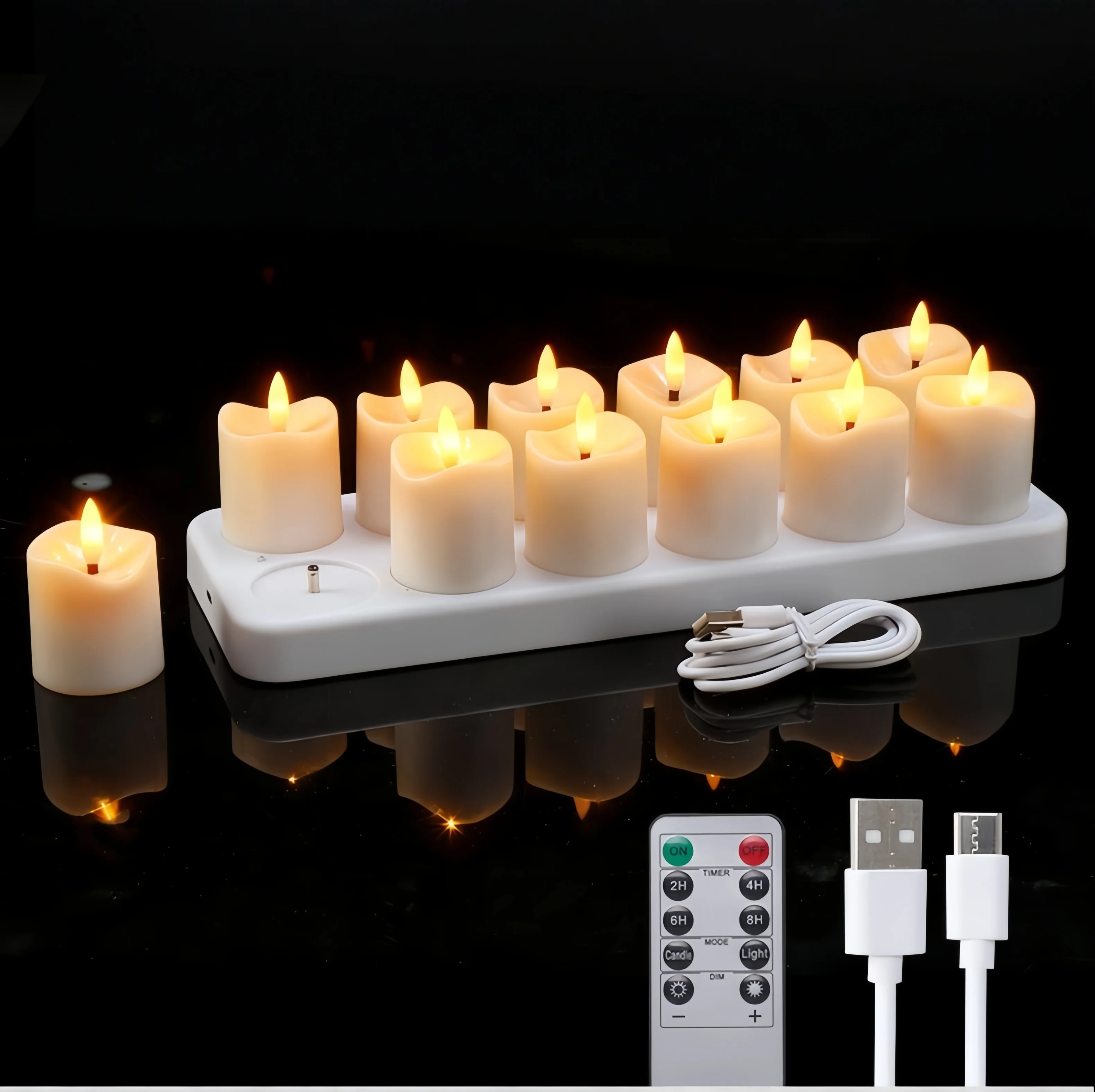 Pack of 12 Rechargeable Led Tea Light remote controlled w/Timer function Flameless Votive Candle Lights with USB Charging Base H