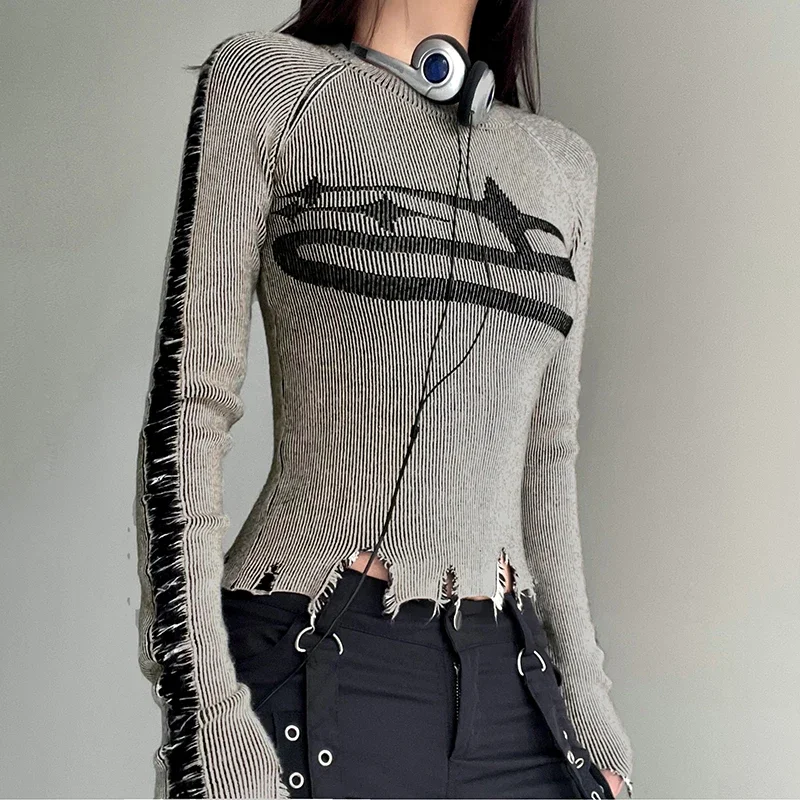 Printed Long Sleeve Sweater Women's Autumn and Winter Knitted Pullover Street Vintage Torn Patchwork Sweater