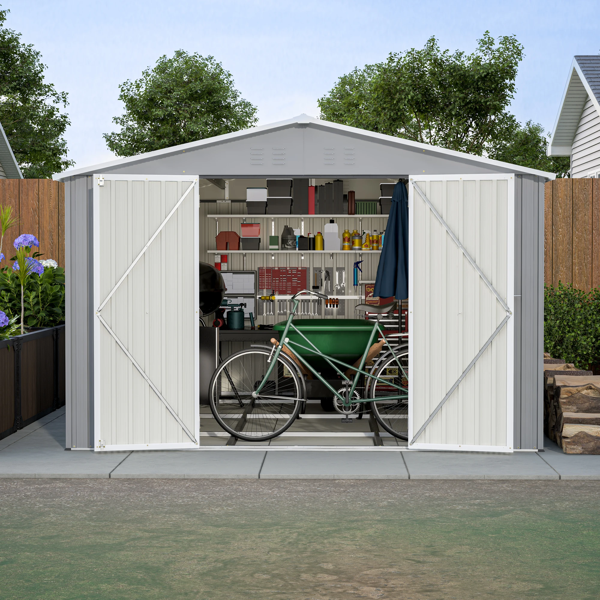 10×12 FT Waterproof & Anti-Rust Metal Garden Shed, Heavy-Duty Outdoor Storage Unit With Double Lockable Doors, Sloped Roof For Rain Drainage, Perfect For Backyard, Garden, And Patio Organization