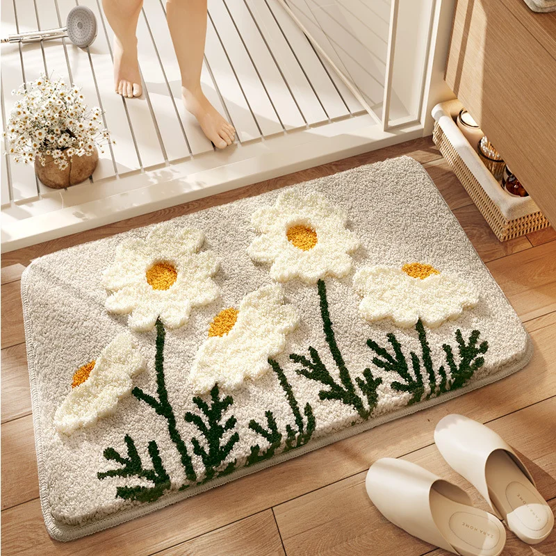 VIKAMA Textured Daisy Floral Bath Mat, Flower Pattern Soft Absorbent Non‑Slip Bathroom Rug Entryway Home Decor