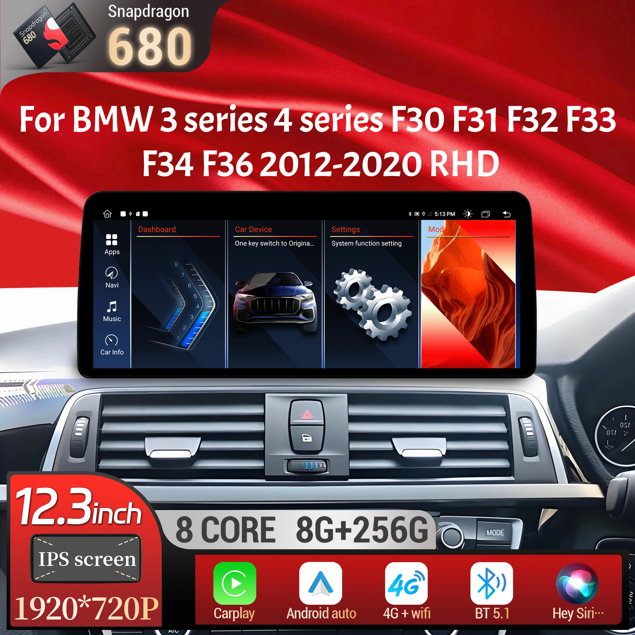 12.3 inch RHD Android 13 For BMW 3 series 4 series F30 F31 F32 F33 F34 F36 2012-2020 Car Radio BT Carplay Snapdragon 680 Screen