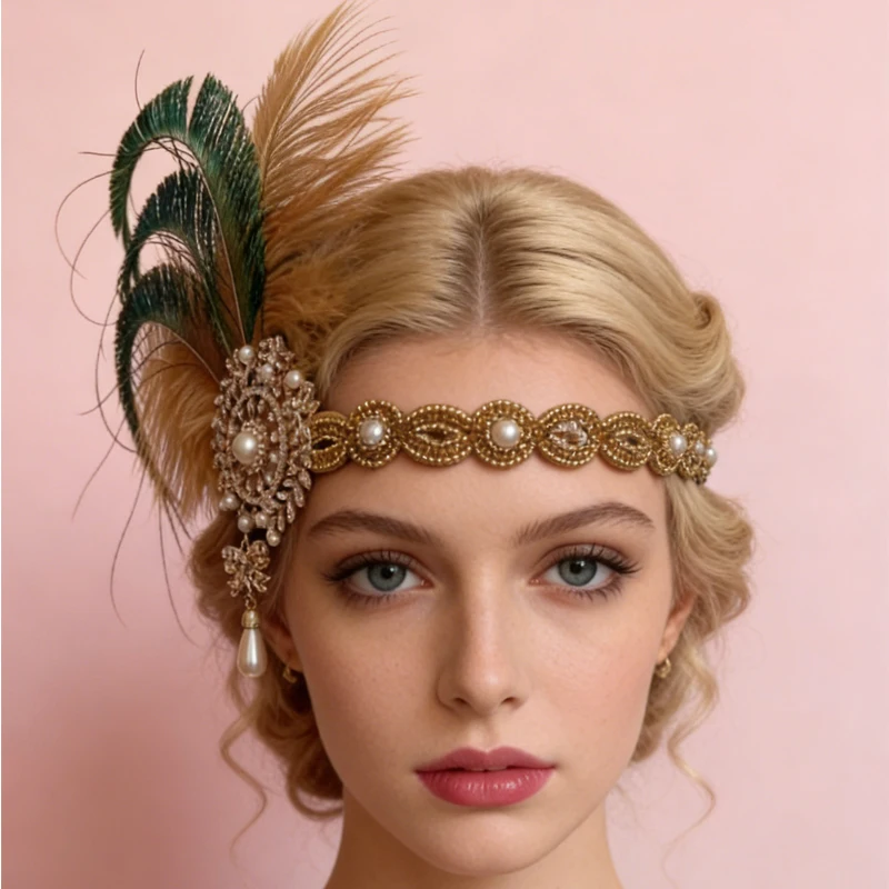 1920s Headpiece Great Gatsby Accessories Flapper Headband Wedding Headpieces for Bride Roaring 20\'s Art Deco Hair Clip