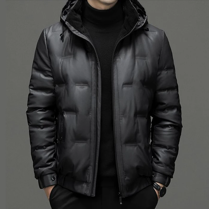 Men\'s Genuine Leather Luxury Down Jacket Man Winter Hooded Short Thicken Large Size Sheepskin Coat Male Oversized Puffer Jacket