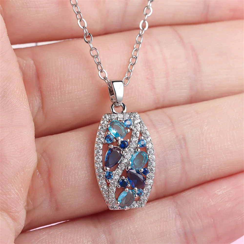 Blue Crystal Stone Pendant Zircon Necklaces for Women Vintage Silver Color Chain Necklace Wedding Jewelry