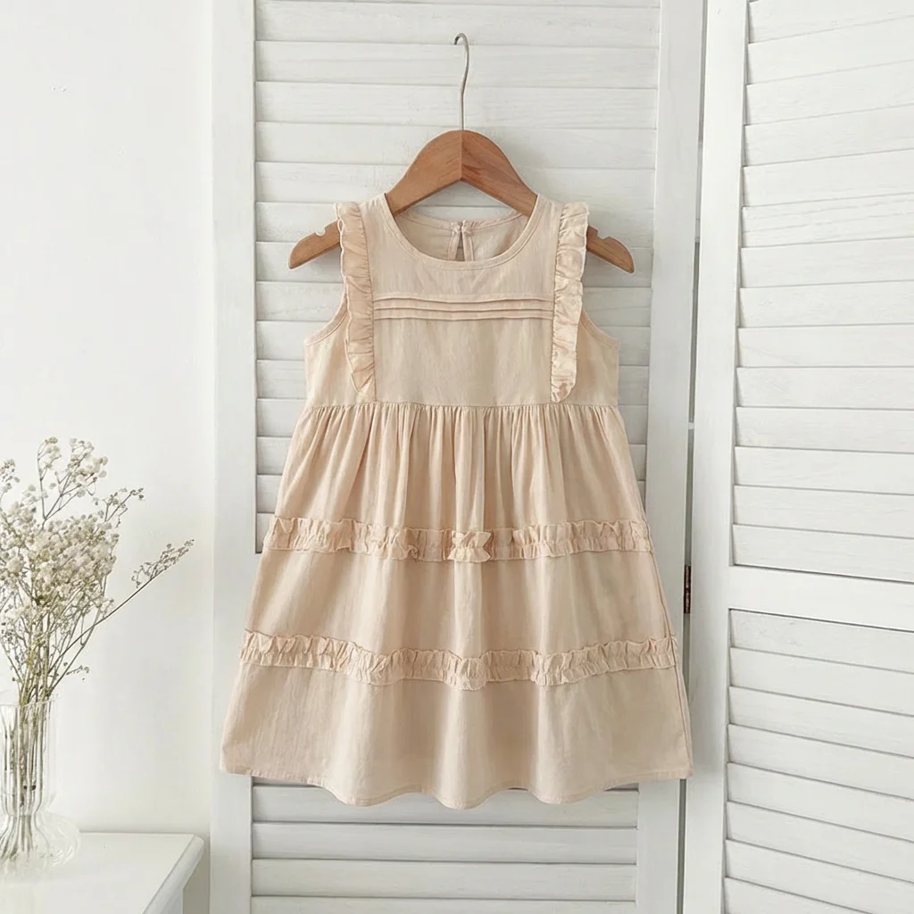 Children aged 3 4 5 6 and 7 wear beige sleeveless dresses on a daily basis for school