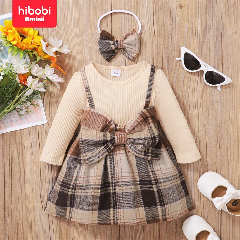 hibobi Autumn 2-Piece Set Baby Girl Plaid Print Bow Decor Color-Block 2 In 1 Dress With Headband For 1-3 Year Old Baby Girls