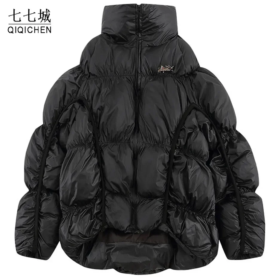 High Street Winter Parkas Men Irregular Fold Winter Padded Jackets Fashion Casual Oversized Pleated Stand Collar Outwear Unisex