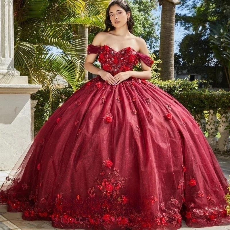 

Red Off The Shoulder Shiny Ball Gown Quinceanera Dresses Sweet 16 Princess Lace 3DFlower Beads Prom Gowns Vestido De 15 Anos