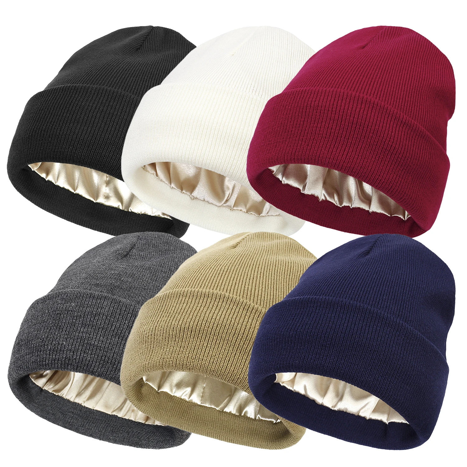 Womens Satin Lined Knit Beanie Hat Acrylic Winter Hats For Women Men Silk Lining Soft Slouchy Warm Cuffed Beanie Hat