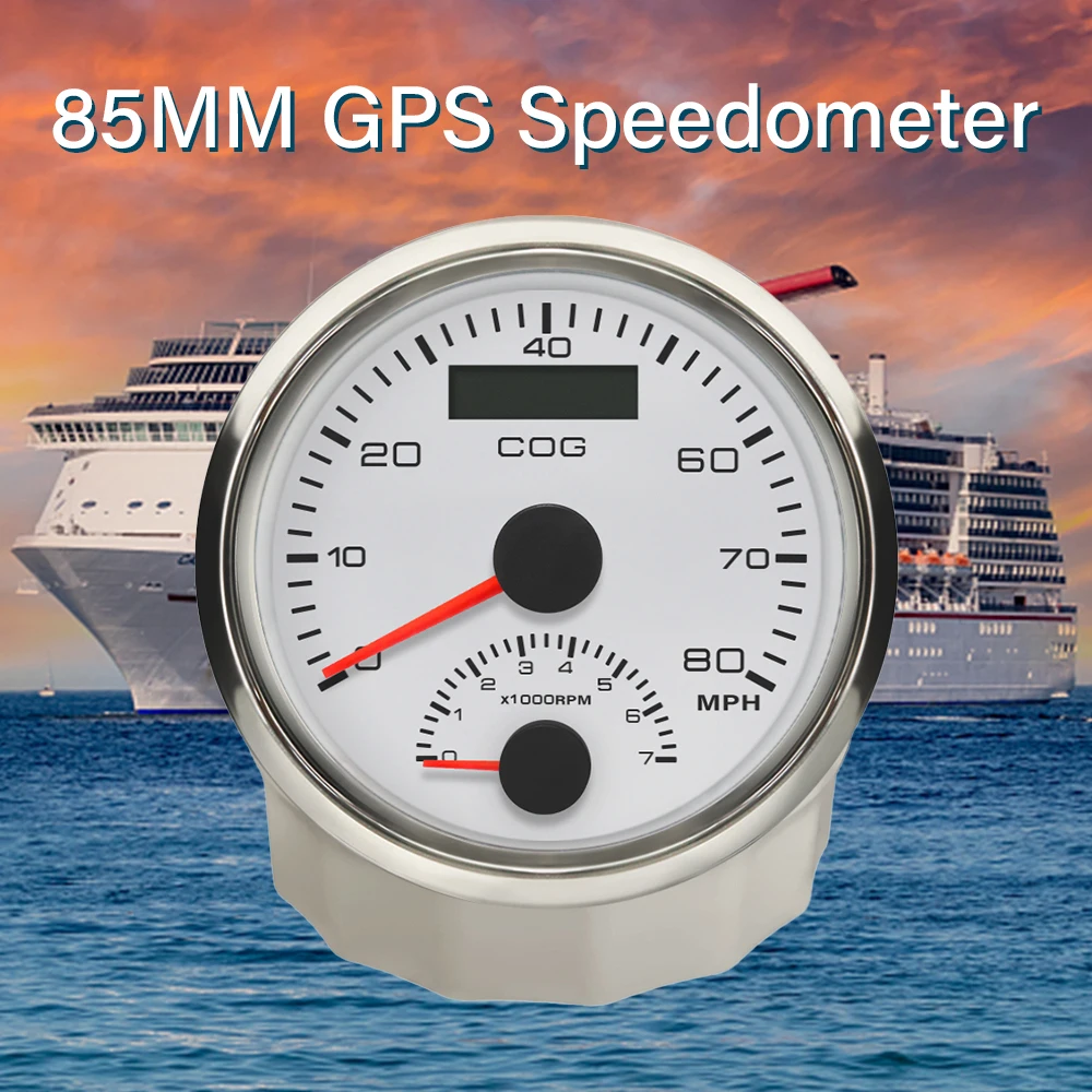 Boat 85mm 80MPH GPS Speedometer 0-7000RPM Engine Rev Counter with GPS Antenna Amber Backlight 12V/24V waterproof