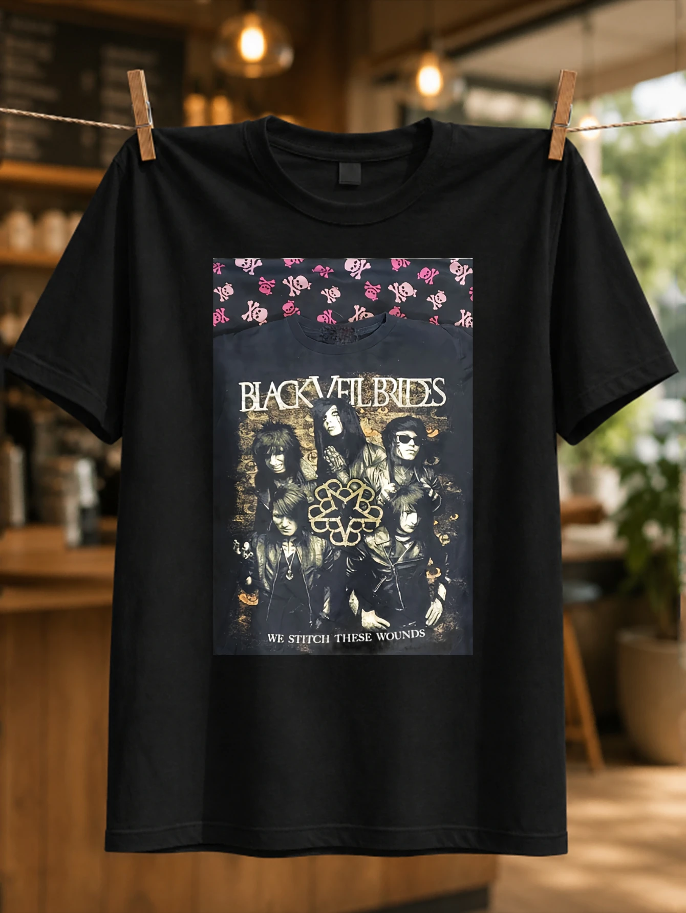 Brides band portrait panel with  pattern top border ornate logo and We Stitch These Wounds text  Unisex All T-Shirt