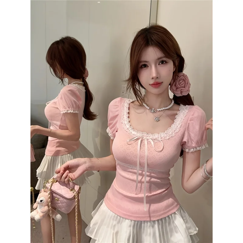 French Puff Sleeve, Bow Short Sleeve-Shirt, Women'S Summer Chic Sweet Spicy Lace U-Neck Unique Exquisite Top, Cute Lace