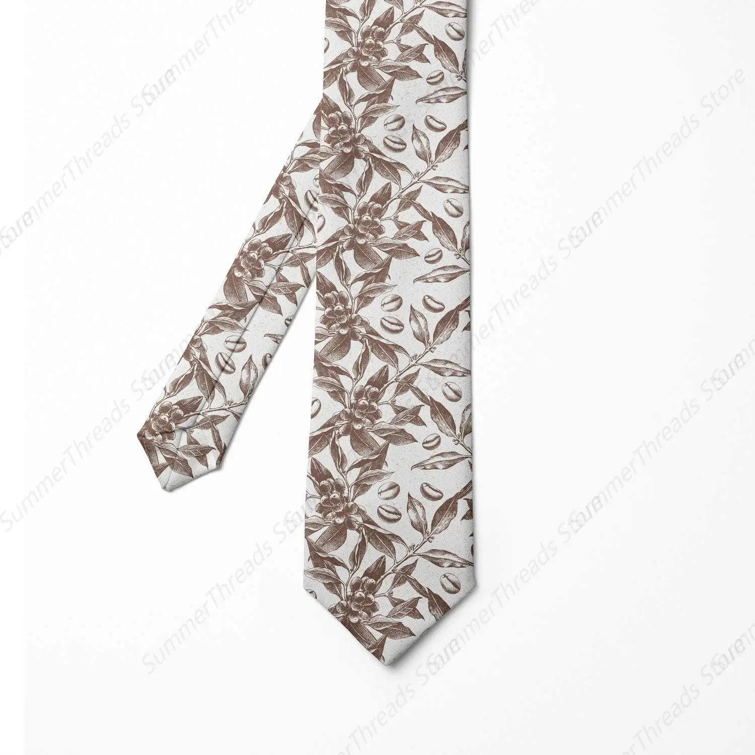 Men's Tie, Hand Drawn Coffee Plants, Taupe White