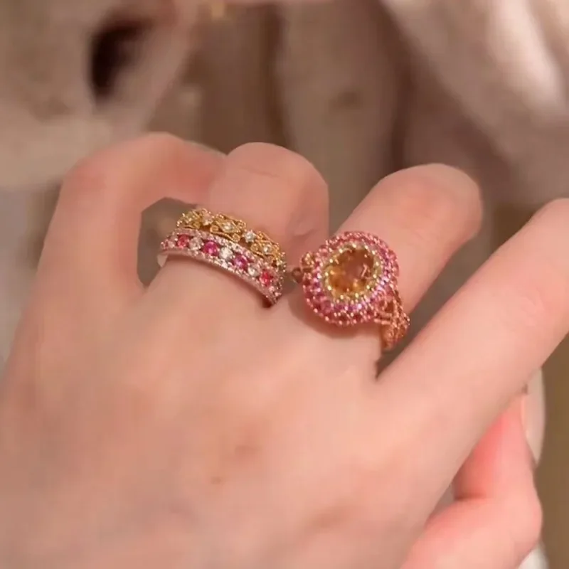 Sweet style copper plated material Hollow Full Circle Single Row Pink Crystal Shiny Engagement Ring Fashion Romantic Jewelry
