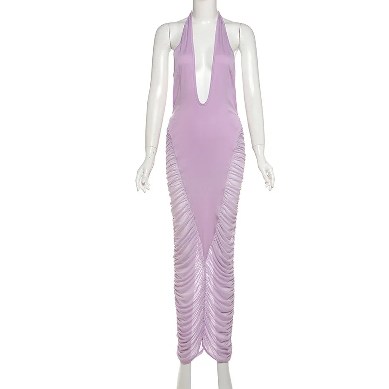 Geraffte Sheer Mesh Patchwork Bodycon Maxi Party Kleid Frauen Elegante Sexy Tiefem V-ausschnitt Ärmellose Halter-Backless Dünne Lange Robe