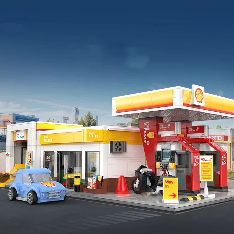 Anime kawaii cartoon city street scene series gas station car wash mini small particles building house birthday gift peripherals