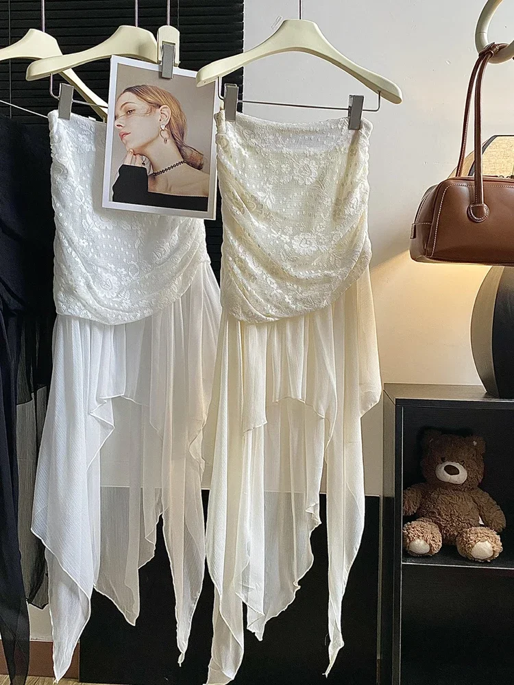 

Уличная кружевная юбка для женщин, лето 2029, нерегулярные винтажные шикарные юбки Y2k, корейский модный дизайн, нишевая юбка трапециевидной формы