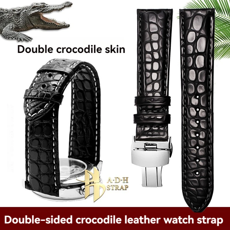 High Quality Double Sided Crocodile Skin Watch Band Men Women Butterfly Buckle for Mido IWC Tissot Omega Longines Bracelet Strap