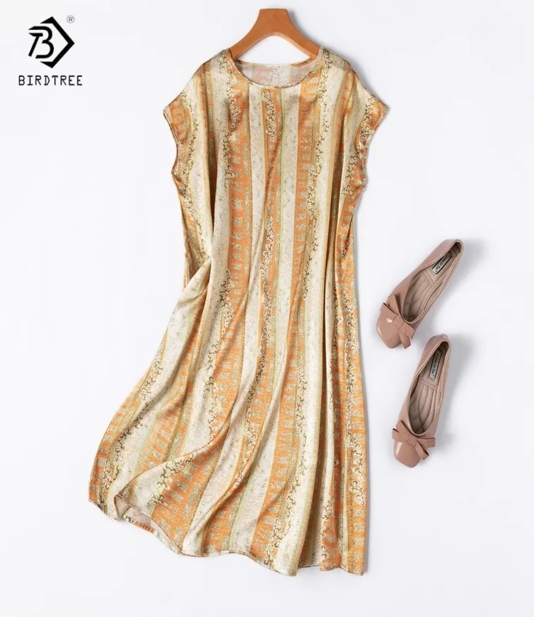 

Birdtree Summer 20MM 92% Silk 8% Spandex Tshirt,Women Jacquard Satin Short Sleeve Printing O-neck Long T-shirtT56303JF
