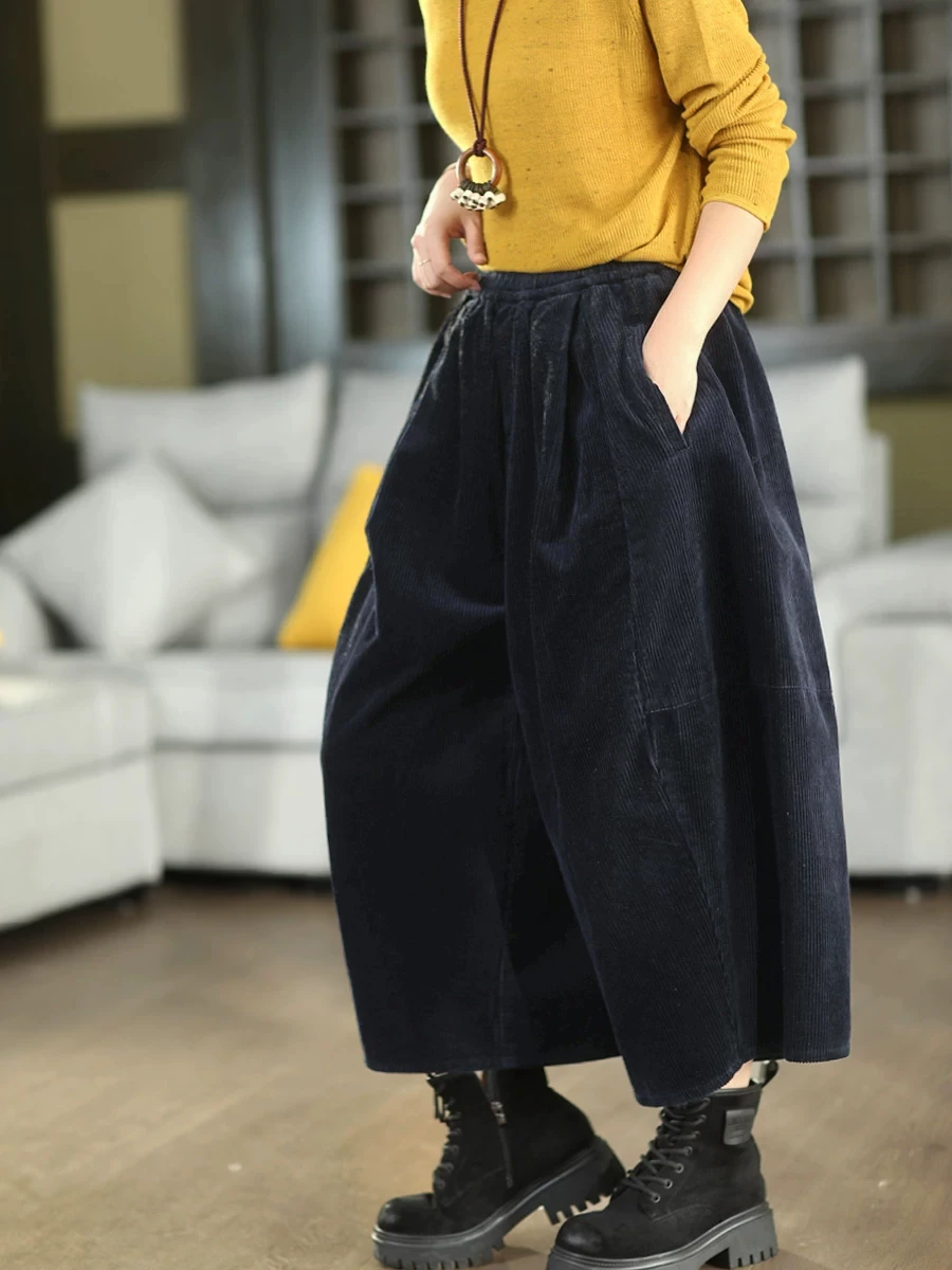 Corduroy Wide Leg Pants Women's Spring Autumn Casual Loose Fit Straight Cut Knee-Length Casual Pants High Waist Elastic Waist