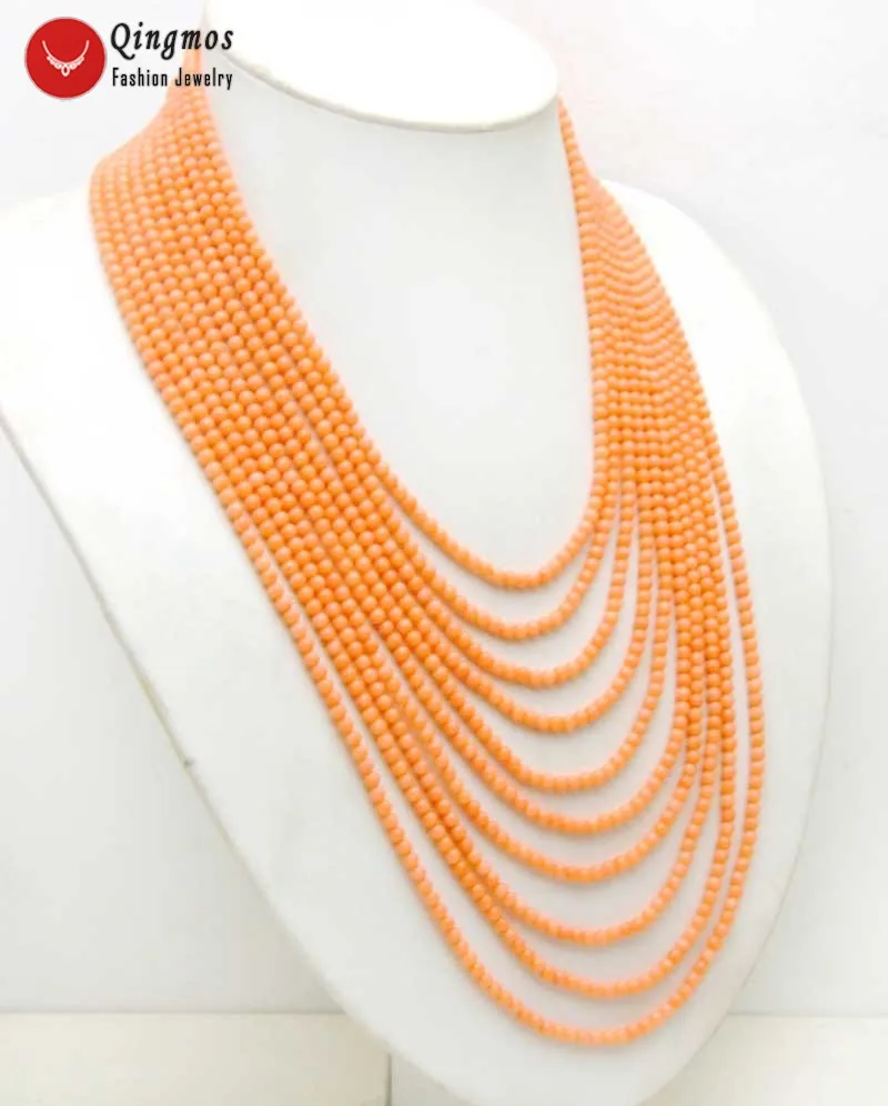 Qingmos 3-4mm Round Natural Pink Coral 10 Strands Necklace for Women with Genuine Coral Necklces Fine Jewelry 18-25