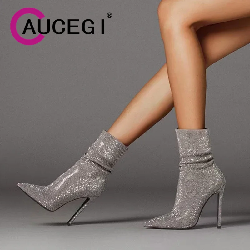 Aucegi Manual Made Pointed-Toe Fashion Style Women Pleated Ankle Boots Rhinestone Slip-On Elegant Mature Party Dress Shoes