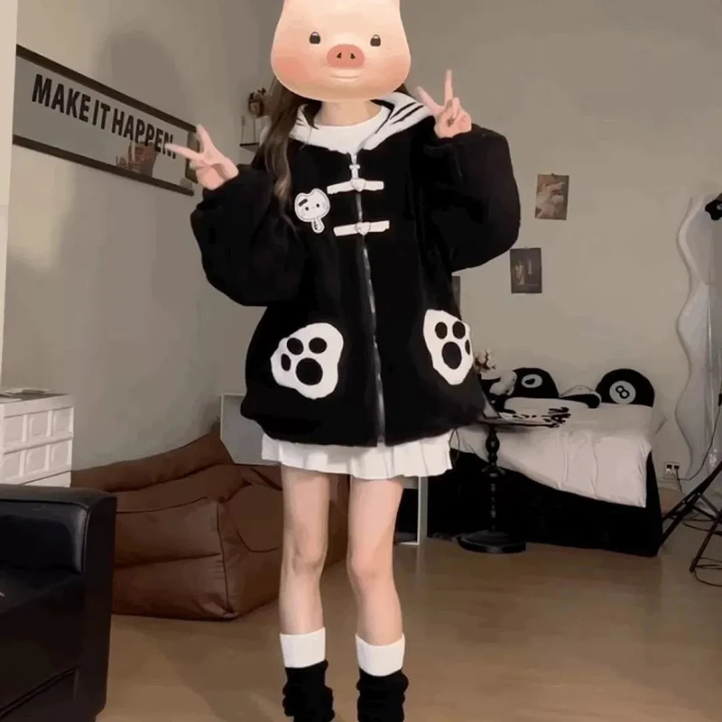 سترة نسائية من القص الصناعي Preppy معطف كاواي لطيف أسود بأكمام طويلة Harajuku Y2K أنيمي بياقة بحار ملابس خارجية سميكة ودافئة #3