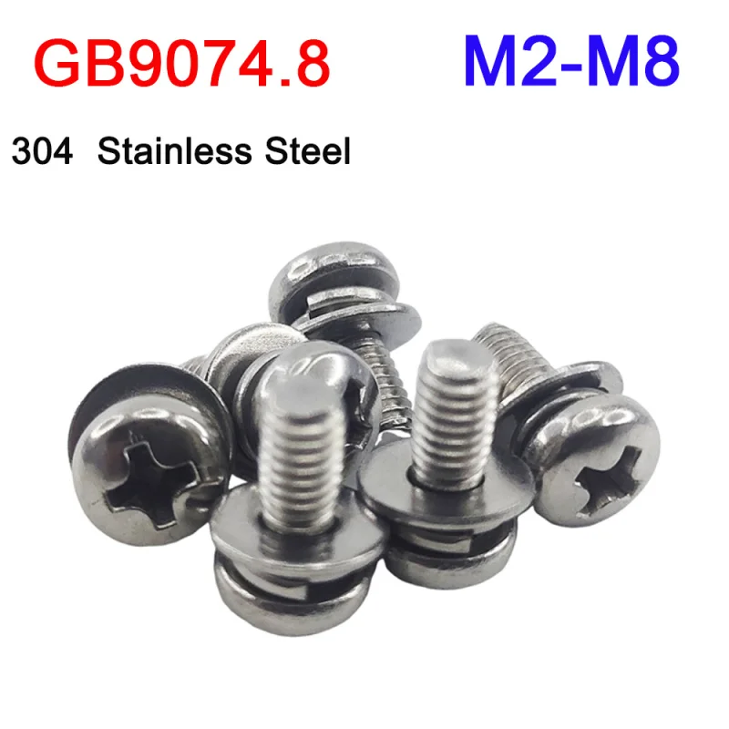 2-30Pc M2 M2.5 M3 M4 M5 M6 M8 304 Stainless Steel GB9074.8 Round Phillips Pan Head Screw Flat Washer Spring Gasket Assemble Bolt