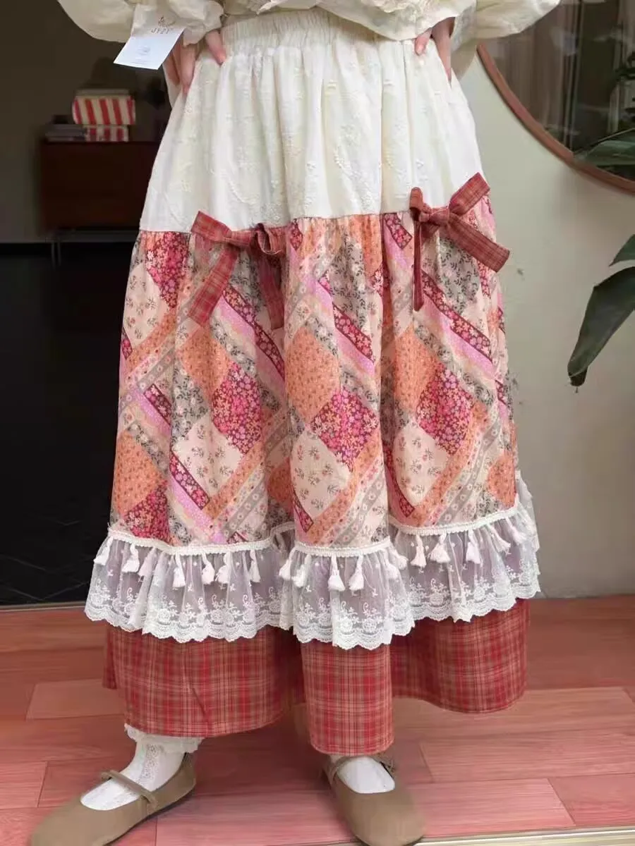 Sweet Vintage Red Plaid Lace Patchwork Skirt Women Japanese Mori Girl High Waist Thick Loose A-Line Beach Pleated Skirt Faldas