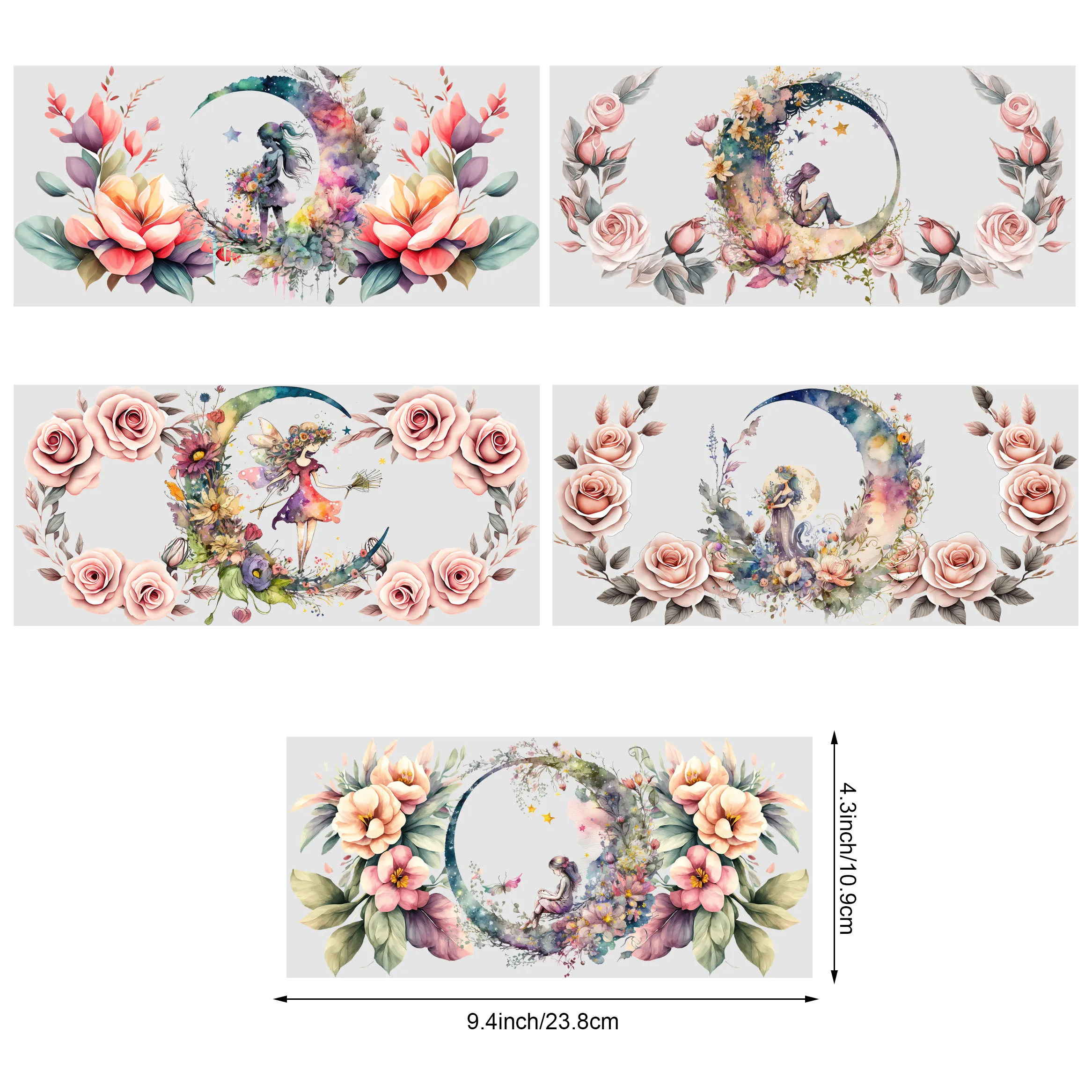 5 sheet Moon with Fairy UV DTF cup stickers, DTF friction transfer stickers, waterproof transfer stickers