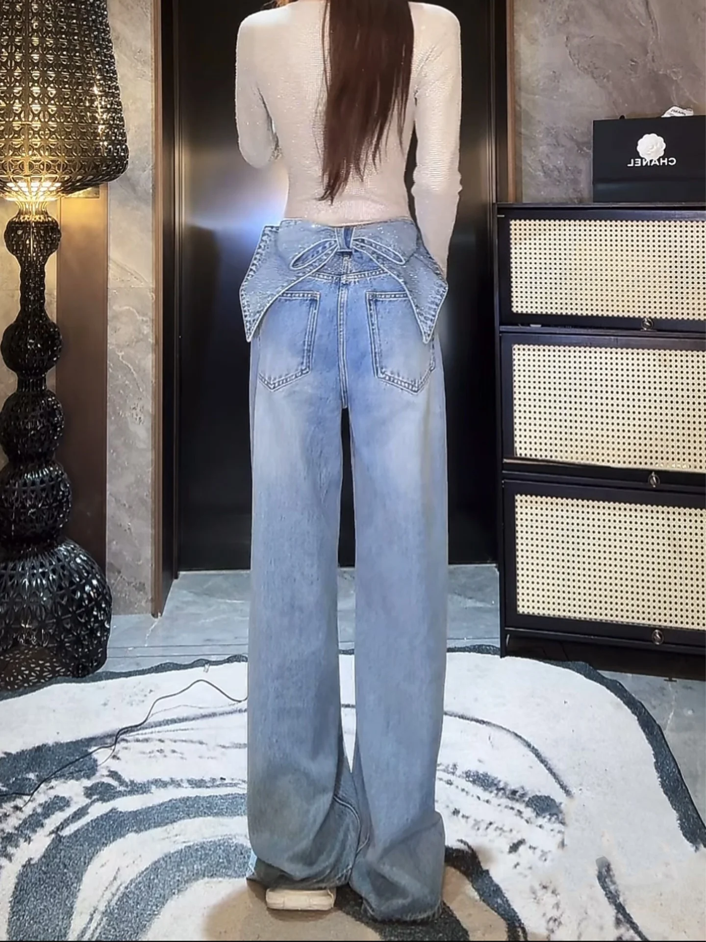 

American Style Vintage Detachable Rhinestone Jeans Women's Loose Long Pants Spring Street Shiny High Waist Slim Fit