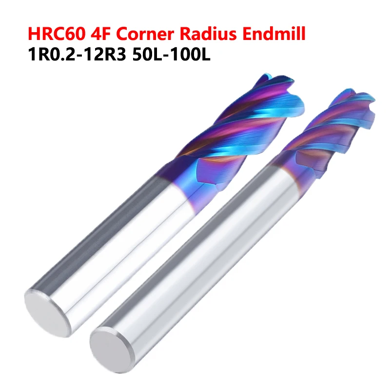 

OYYU Blue Nano Corner Radius Carbide End Mills Tungsten Steel Round Nose Milling HRC60 4 Flute 4F Coating Lengthen CNC R0.5