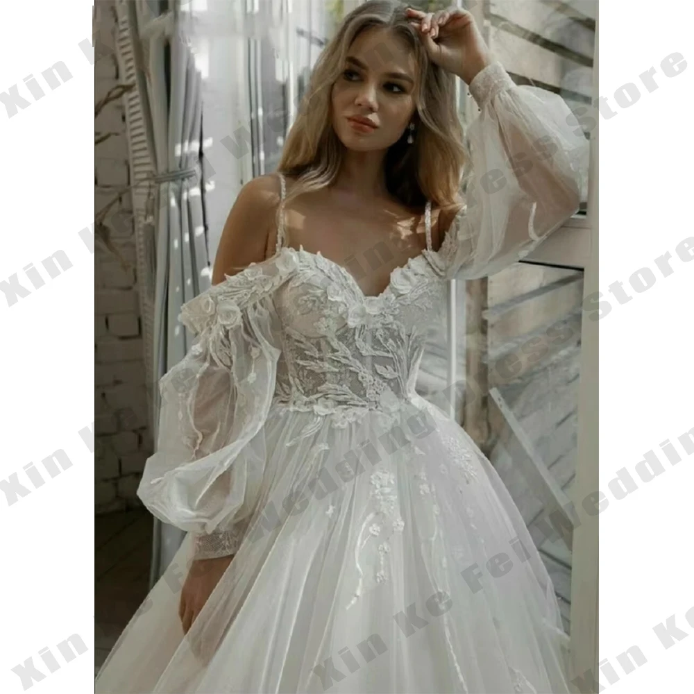 فساتين زفاف نسائية أنيقة بأكمام طويلة منتفخة زهور ثلاثية الأبعاد فساتين عروس بوهو 2026 Vestidos De Novia أردية زفاف مخصصة