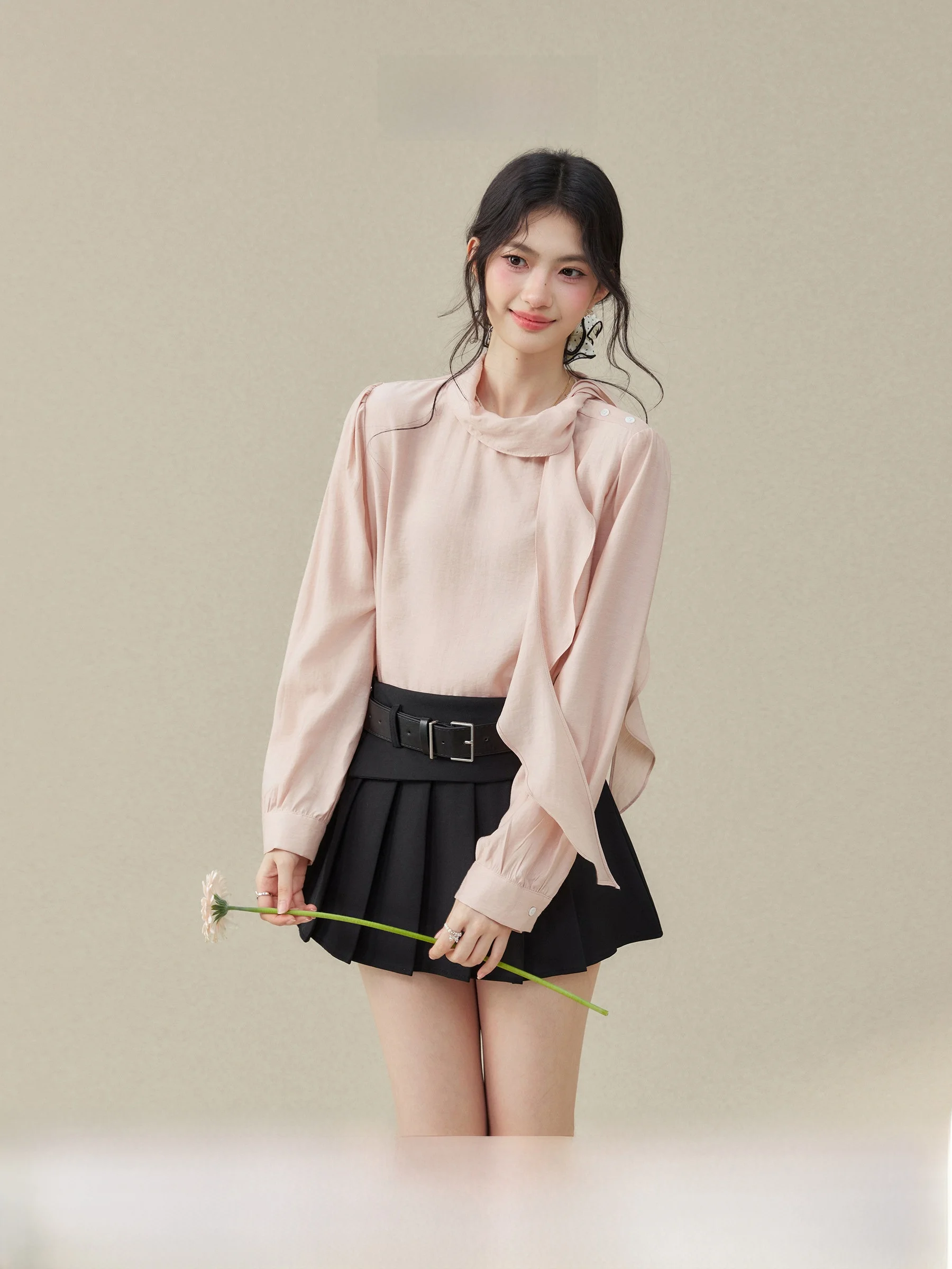 

Romantic Resonance Slimming Bubble Sleeve Long Sleeve Women's Shirt with Sash Spring Autumn Fashion Elegant Casual Blouse