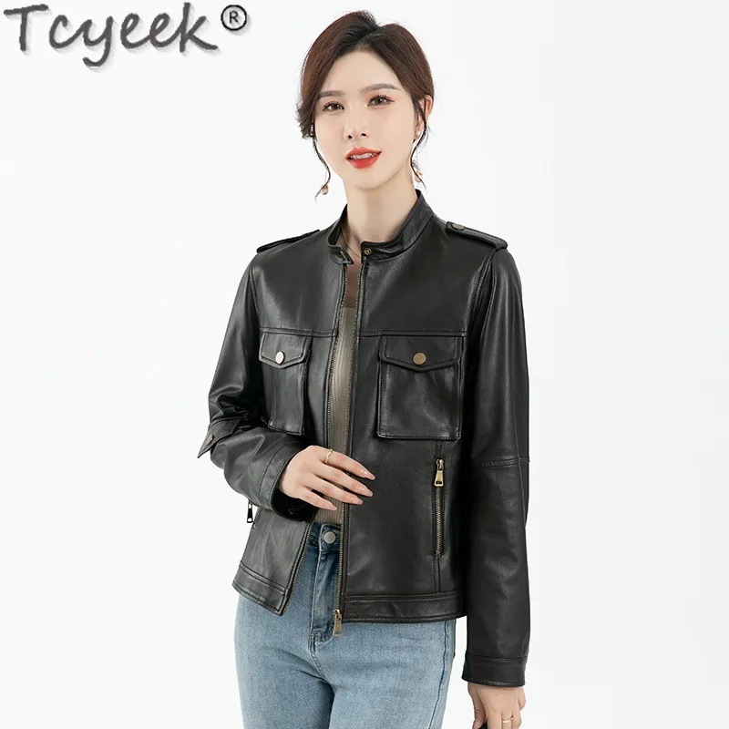 Tcyeek Veste en cuir véritable pour femme, peau de mouton véritable, noir, vêtements de printemps et d'automne, Combb 2024