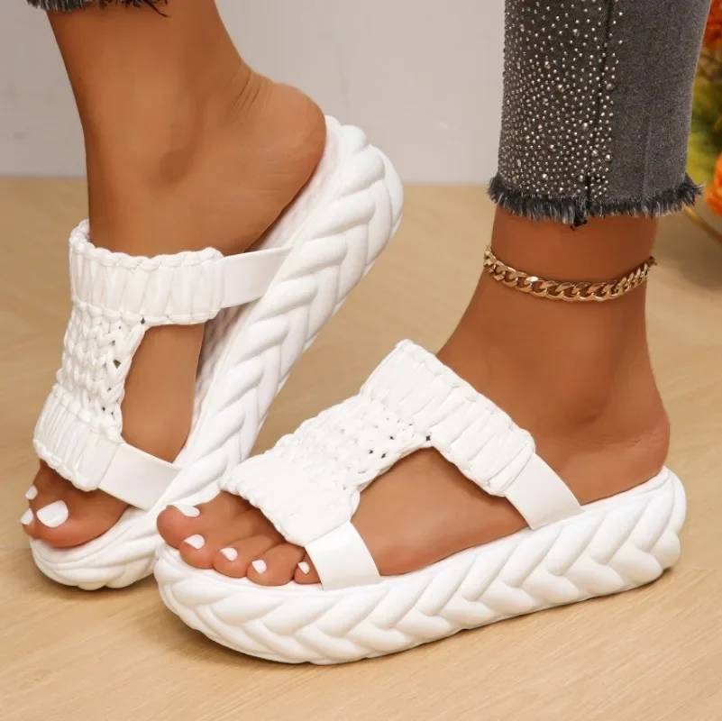 Sandals Women's Braided Knit O-Ring Cutout Platform Summer Gladiator Sandals Shoes Thick Heels Ladies White Sandalias Casual