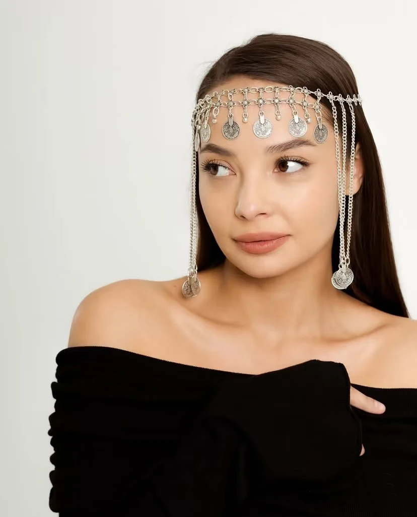

Retro Silvery Alloy Chain Forehead Headpiece For Women Boho Hollow Moon Pendant Ethnic Indian Gypsy Hair Accessory Jewelry