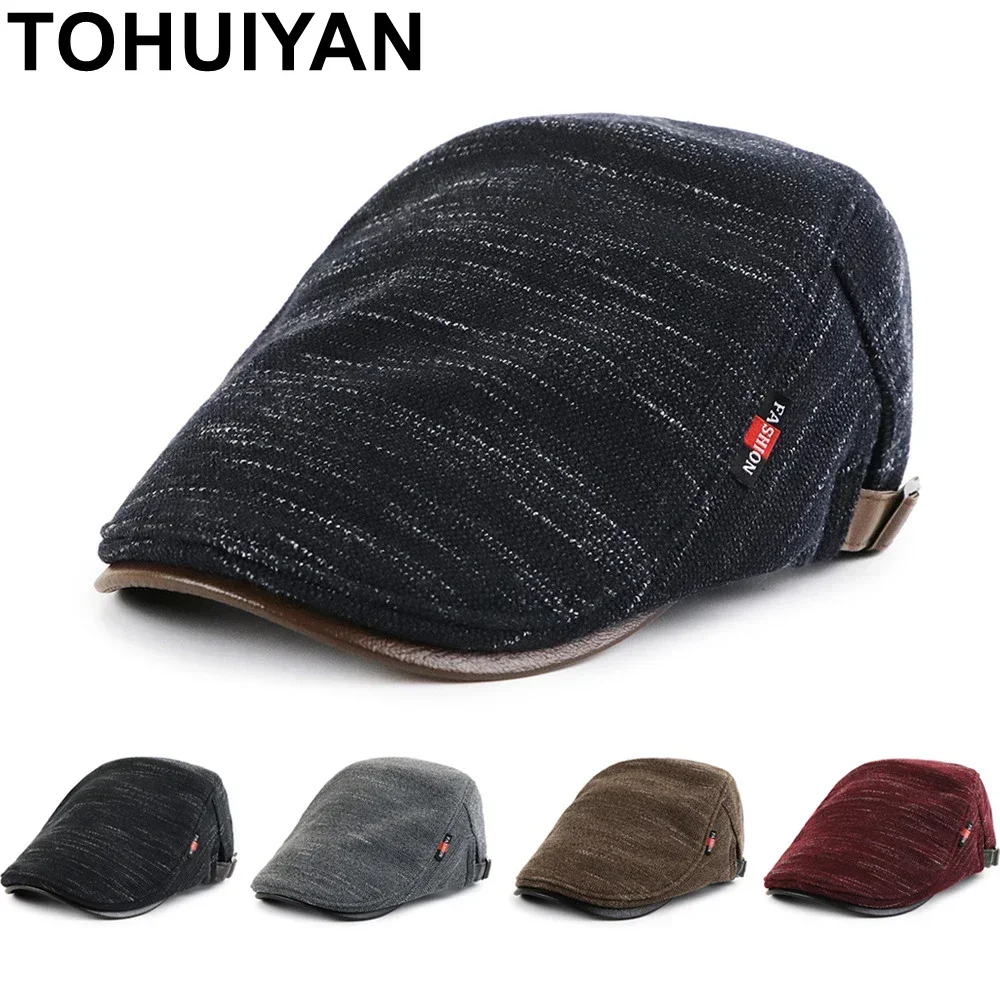 TOHUIYAN Classic Knitted Newsboy Hats For Men Autumn Winter Cabbie Cap Male Gorras Planas Warm Hats Outdoor Casual Flat Caps