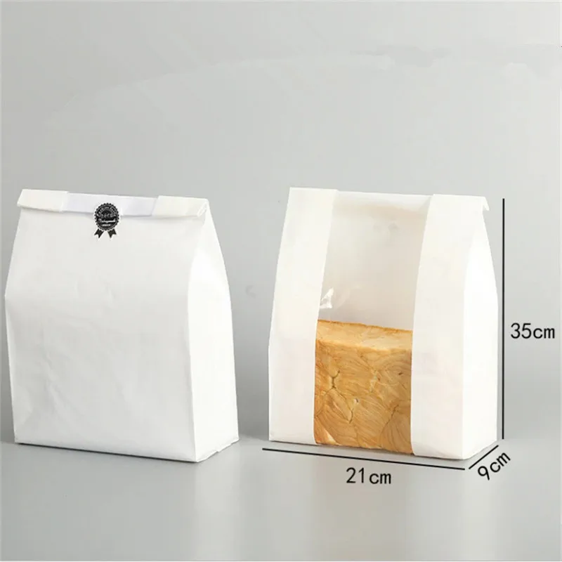 100Pcs 450g Bread Oil-Proof Food Paper Bag Window Transparent Toast Baking Packing Bags Brown White Solid Color