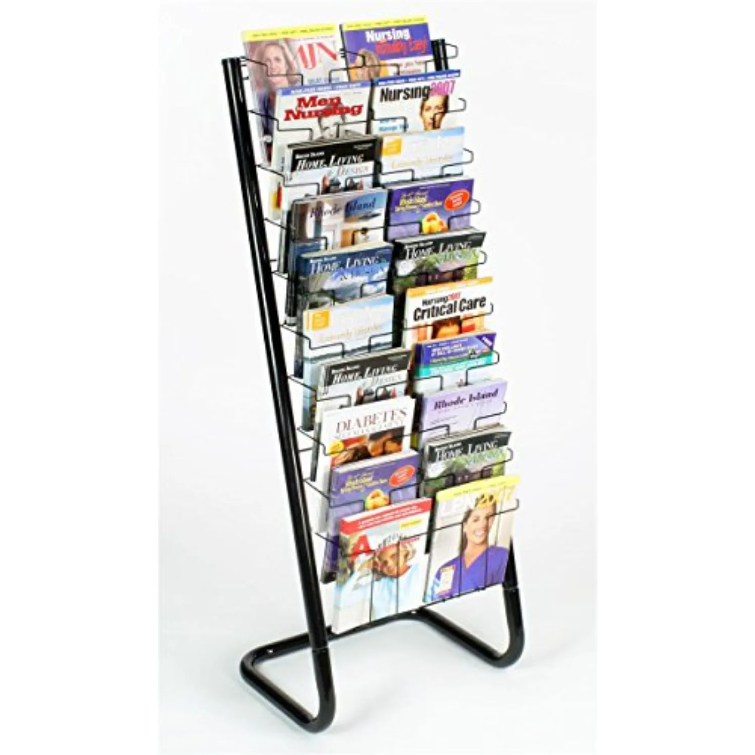 Floor-Standing Wire Magazine Rack, 20 Pockets, Black | Tiered Literature Display Stand, For Magazines & Brochures