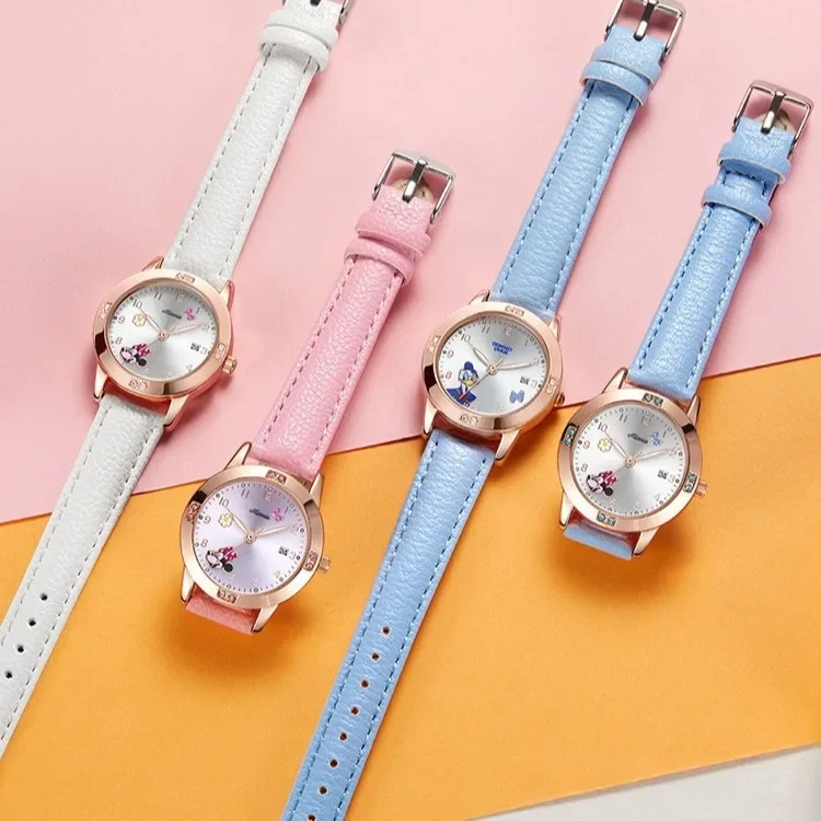 MINISO Disney Minnie Mouse Diamond Quartz Watch for Girls Cartoon Mickey Mouse Fashion Steel Belt Watch Children Birthday Gift