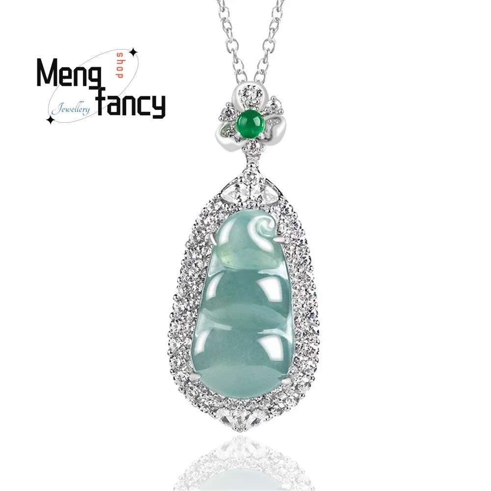 

S925 Silver Inlaid High-grade Natural A-goods Jadeite Blue Water Blessed Beans Pendant Exquisite Elegant Fashion Luxury Jewelry