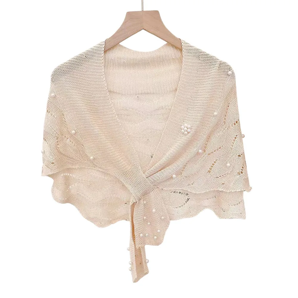 

Летний вязаный кардиган, украшенный жемчугом, элегантный полый дизайн, стильная шаль, повседневная одежда, солнцезащитные топы, женские топы