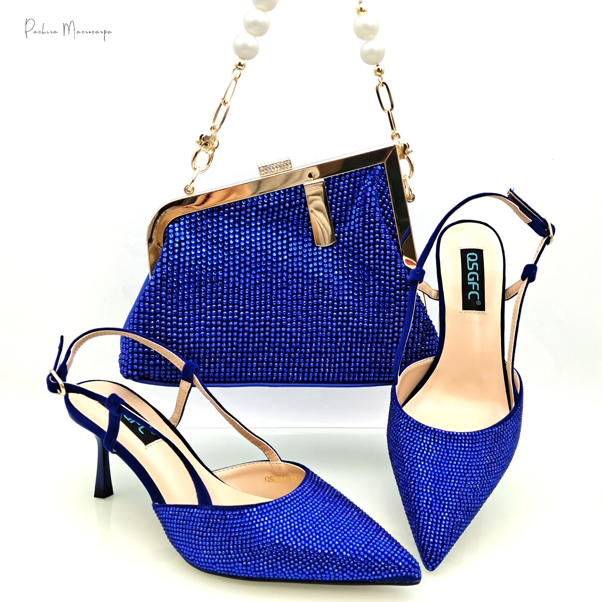 2024 Newest Royal Blue Color Italian High Heels and Wraps Nigerian Rhinestone Inlaid Pointed Women's Shoes Garden Party Sandals