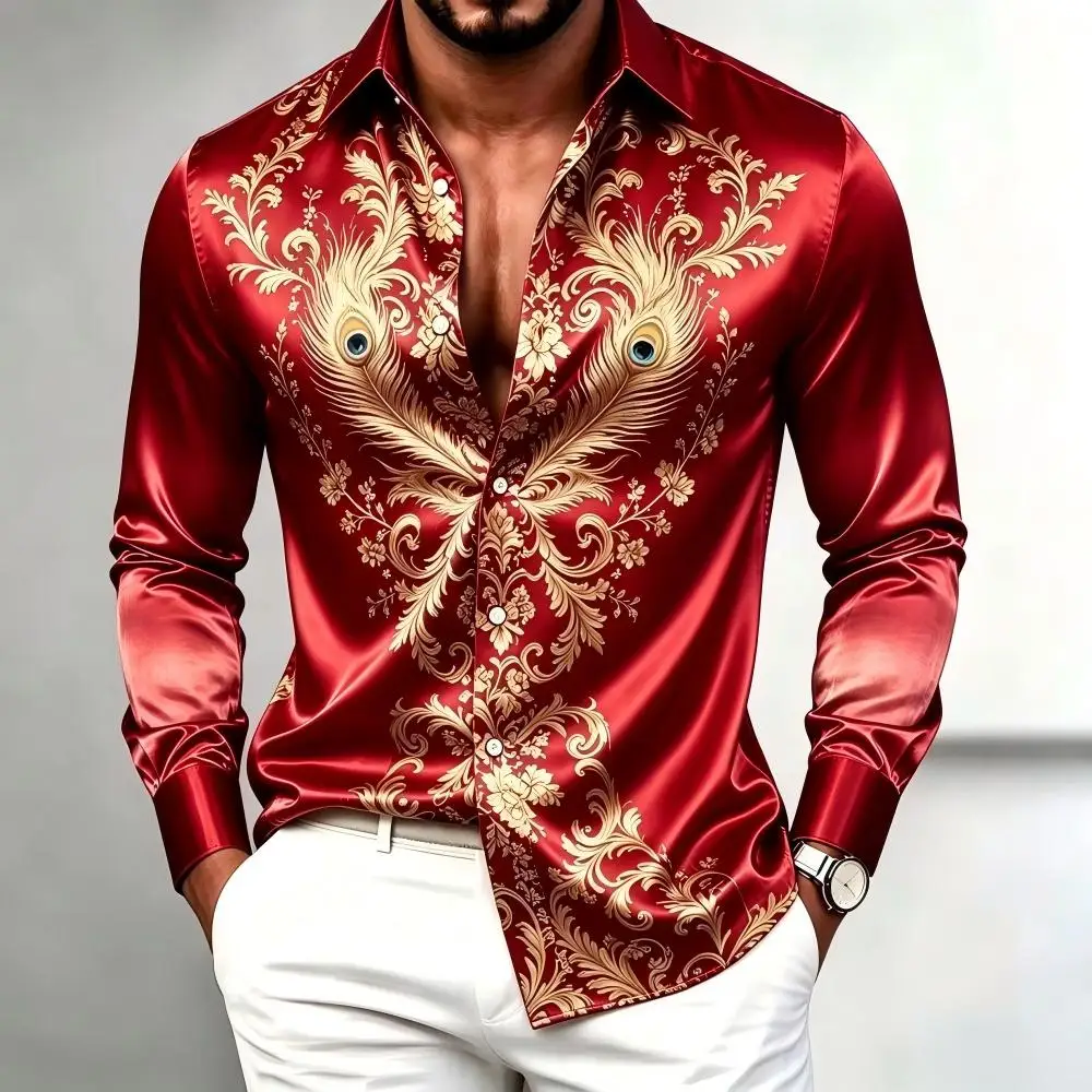 Men's Long Sleeve Turned-Down Lapel Satin Shirt - Lightweight Luxury Peacock Feather Print Dress Shirt for Banquet Parties, Slim