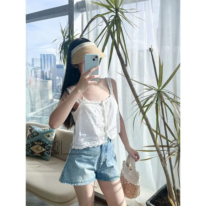 

Женский летний укороченный топ-жилет Susan с кружевной отделкой и вышивкой, на пуговицах, белый, повседневный