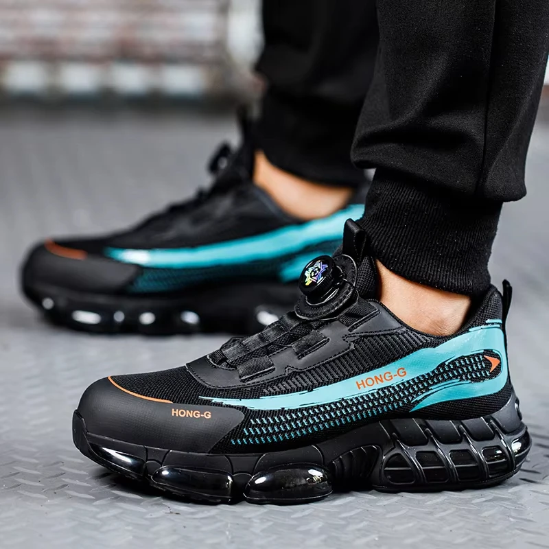 남성 안전화 회전 버튼 스틸 토 에어 쿠션 작업화 남성 펑크 방지 작업 안전 보호화