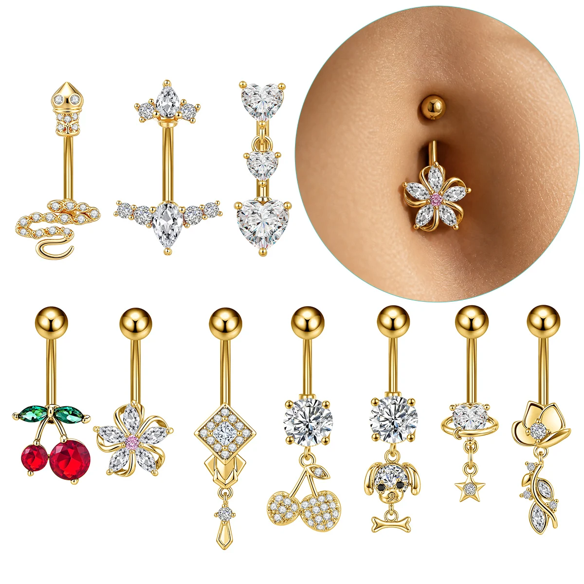 1 Stück Reverse Bar Herz Bauchnabelpiercing Nombril für Frauen Gold Rosa Kristall CZs Gebogene Bauchnabelpiercings Schmuck – Detail 14